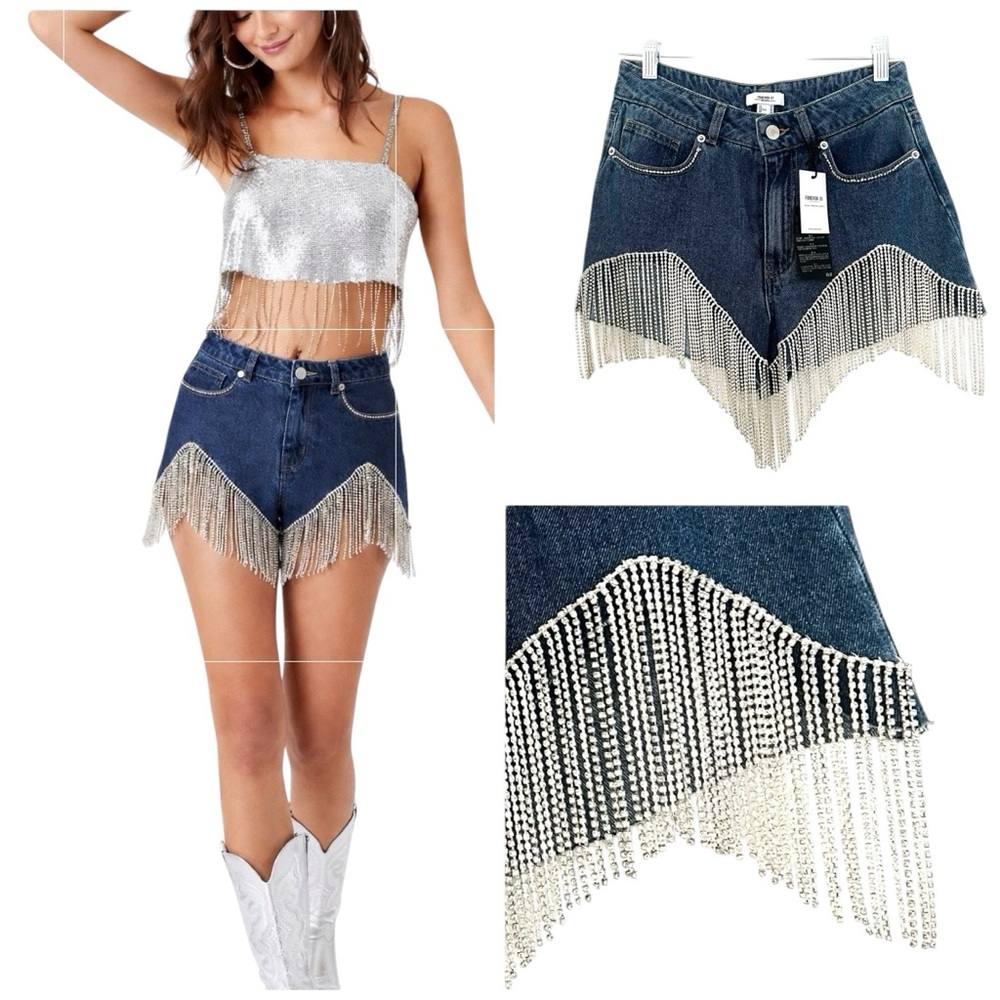 Womans Denim Jean Booty shorts Western Bling Fringe sz 26 Cowgirl Forever 21 NWT